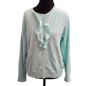 Lands End Womens Light Blue Ruffle Front Cardigan Sweater M/P 10-12 preppy
